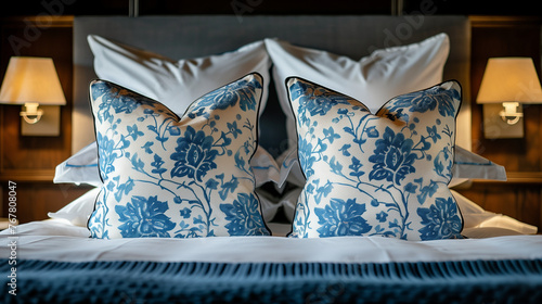 Pillows on a bed, Blue pillows on bed. French country interior design of modern bedroom design, Ai generated image