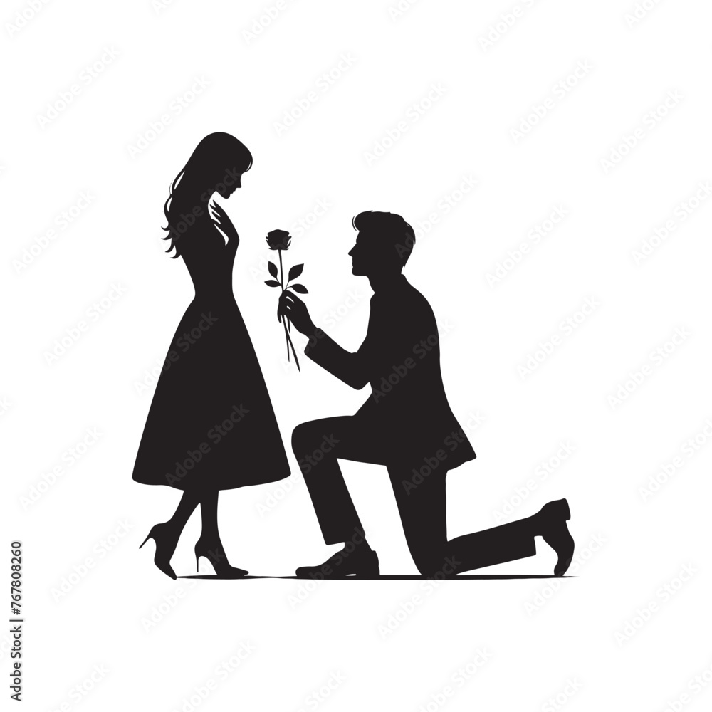 Vector Silhouette of Couple Proposing: Romantic Gesture Captured in Silhouette, proposing couple vector stock.