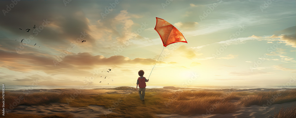Small happy boy playing with kite in autumn time.