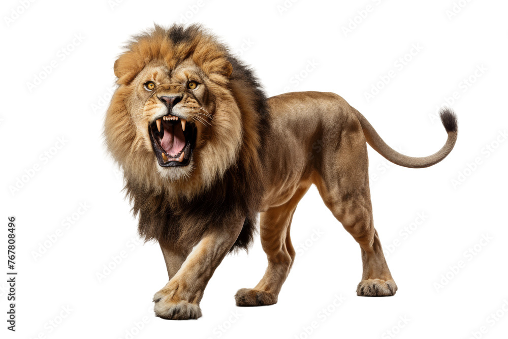 Roaring Majesty: A Fierce Lion Bares Its Mighty Teeth. On a White or Clear Surface PNG Transparent Background.