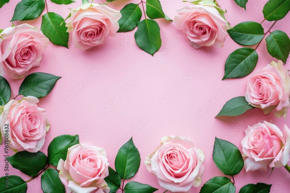 Springtime banner with rose flower frame on pink background. Springtime banner with rose flower frame on pink background.