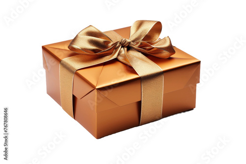 Shimmering Elegance: A Luxurious Gold Gift Box With a Bow. On a White or Clear Surface PNG Transparent Background.