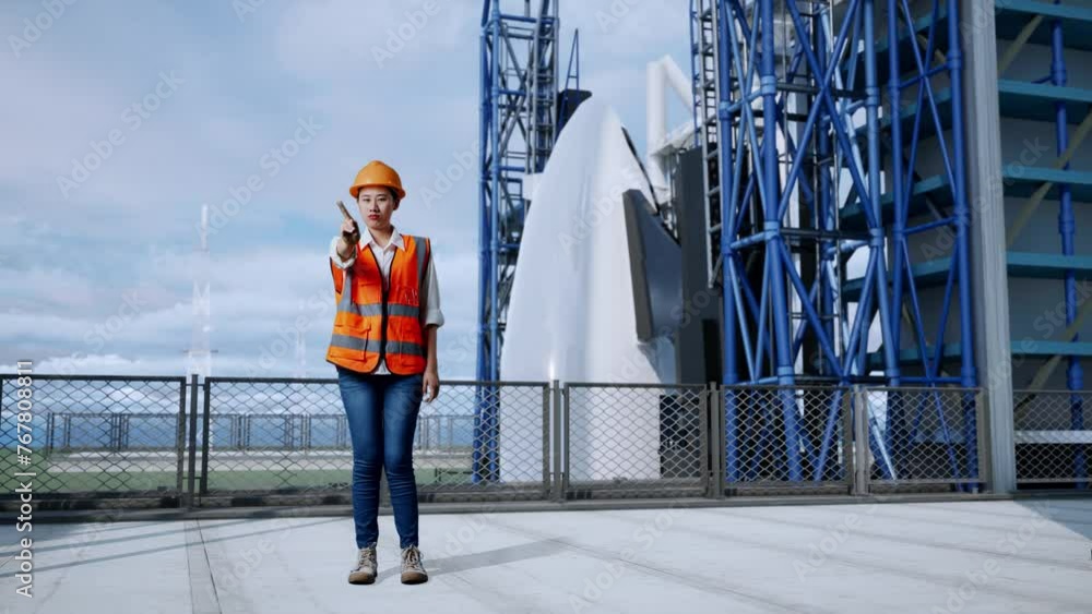 Full Body Of Asian Female Engineer With Safety Helmet Disapproving With No Index Finger Sign While Standing With Space Shuttle Full Body Of Asian Female Engineer With Safety Helmet Disapproving With No Index Finger Sign While Standing With Space Shuttle