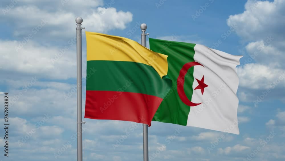 Lithuania and Algeria two flags waving together, looped video Lithuania and Algeria two flags waving together, looped video