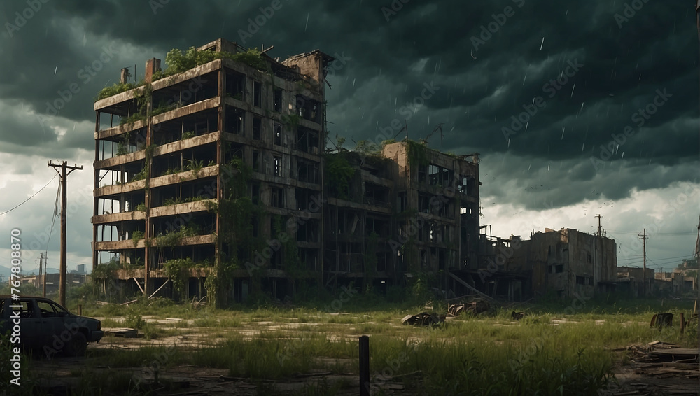 A photo of a destroyed city with overgrown plants
