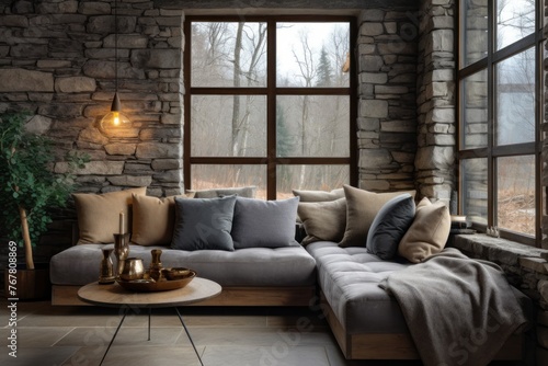 sofa against window in room with stone cladding walls. © ORG