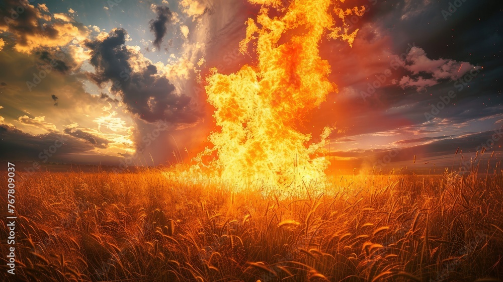 Majestic wildfire in golden wheat field - This powerful image showcases a fierce wildfire blazing through a golden wheat field against a dramatic sky at sunset