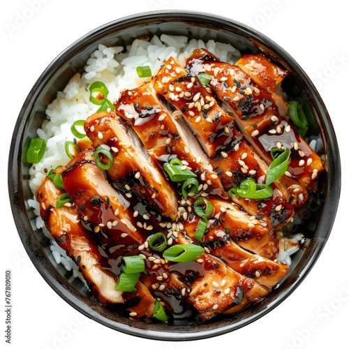 teriyaki chicken donburi, featuring grilled chicken glazed in teriyaki sauce, served over steamed rice and garnished with sesame seeds and green onions. of isolated on white background.