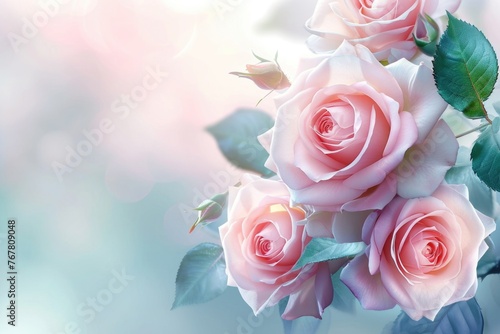 Delicate roses bloom on festive floral card.