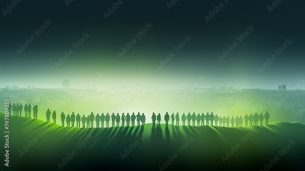 green planet, row of abstract silhouettes of people against a green eco landscape, the concept of caring for nature, eco-friendly copy space, light soft shade