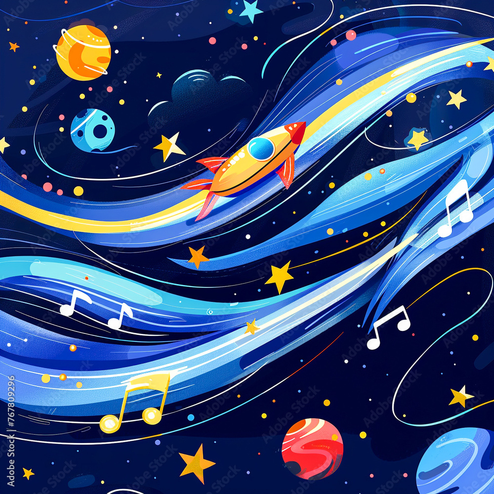 A quirky, cartoon spacecraft bouncing on musical notes across a galaxy, where stars are disco balls and planets are vinyl records
