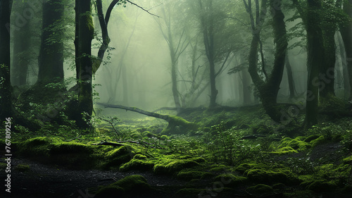 misty landscape in a fresh green spring forest, trunks of green trees in the mist of the forest morning coolness