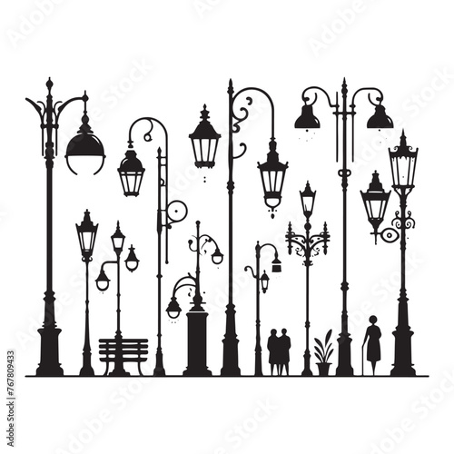 Vector Silhouette of Street Lamp: Urban Lighting Element in Simplified Form, street lamp vector stock.