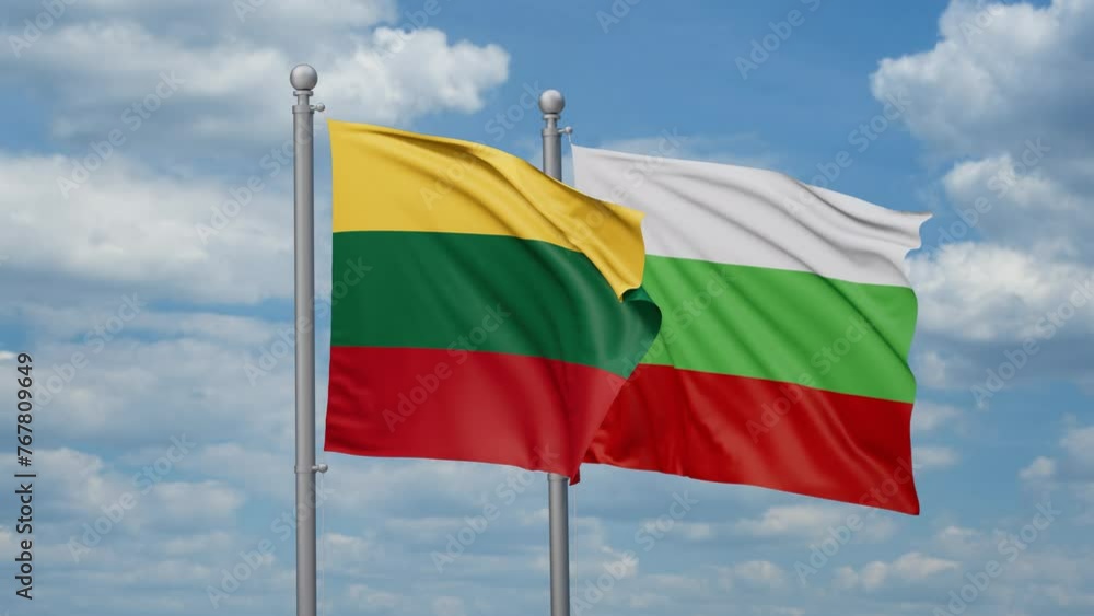 Bulgaria and Lithuania two flags waving together, looped video, two country relations concept Bulgaria and Lithuania two flags waving together, looped video, two country relations concept