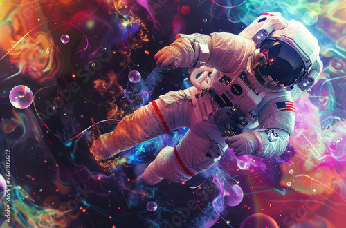 A digital art piece shows an astronaut floating in space, surrounded by colorful bubbles and swirling cosmic dust, creating a dreamy atmosphere © Kien