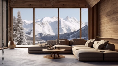 modern living room in chalet  panoramic window with great winter snow mountain landscape