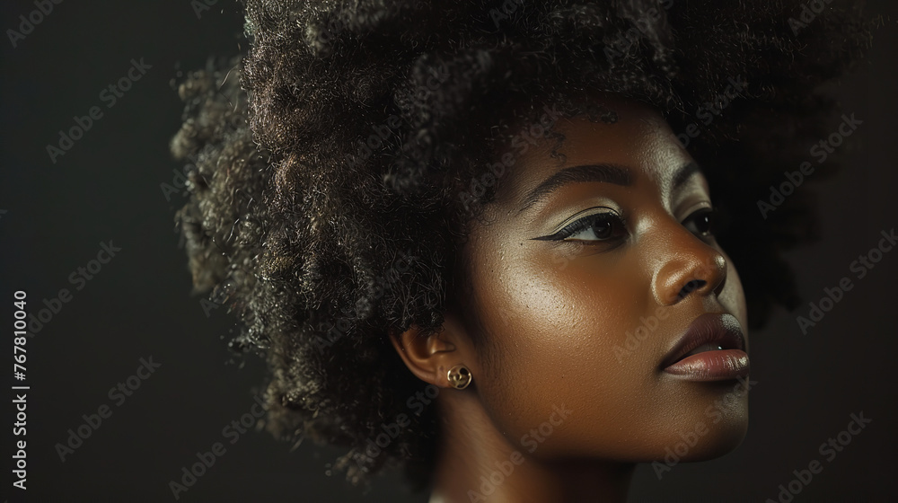 a photograph of a beautiful black african american female woman portrait view profile photo stylish beauty hair and makeup glamorous elegance woman studio shot