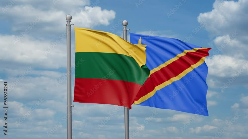 Democratic Republic of the Congo and Lithuania two flags waving together, looped video, two country relations concept Democratic Republic of the Congo and Lithuania two flags waving together, looped video, two country relations concept