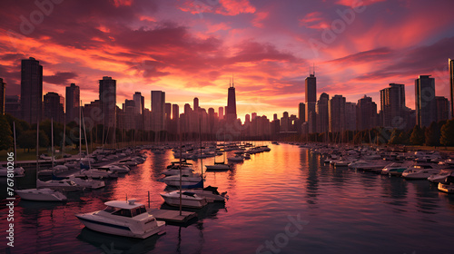 sunset over the river,Modern City Skyline At Sunset, Generative AI,photo city harbor at sunset ai generate