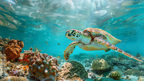 Green Sea Turtle, Chelonia mydas rest in sponge in turquoise water of coral reef
