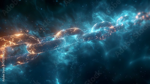 Blockchain Technology Illuminated: Glowing Chain Links Amid Cosmic Background