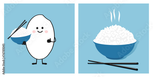 Rice bowl with chopsticks and rice seed cartoon icon sign vector.