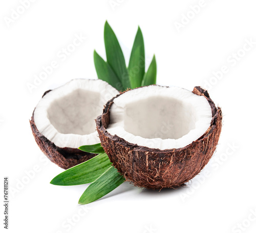 Coconut with leaves on white backgrounds
