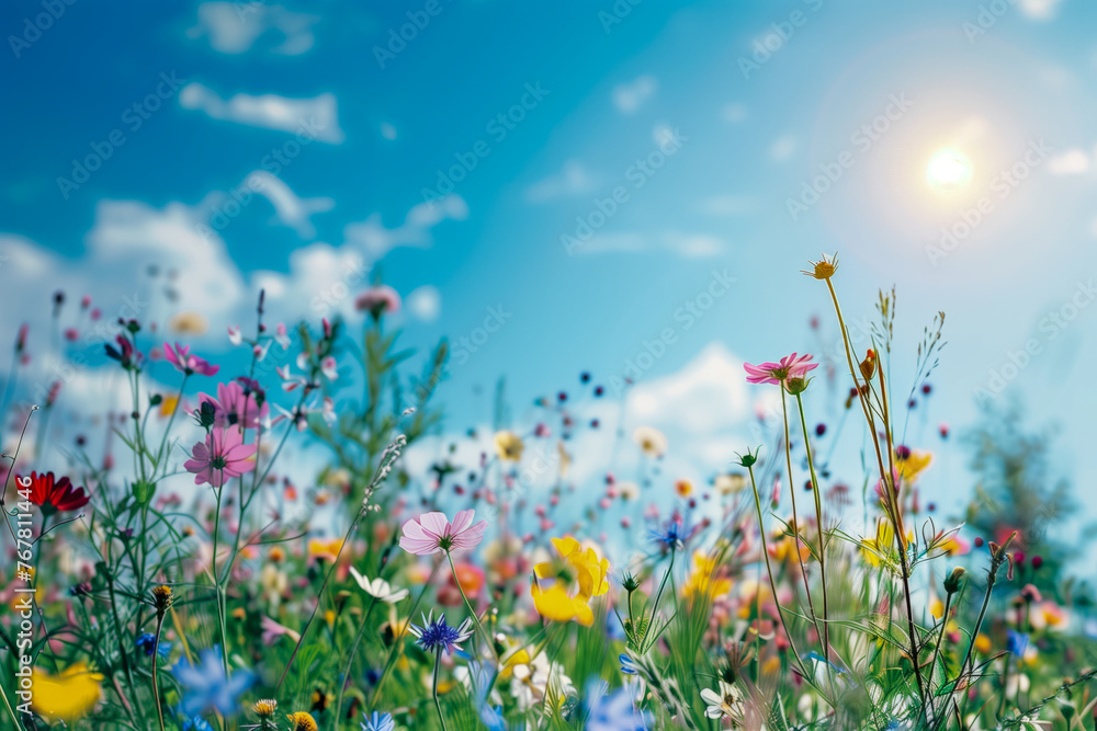 Very colorful flowers in a meadow in the spring, on a blue sky, sun and a few clouds