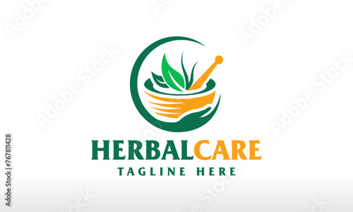 Natural Herbal Care with Mortar Pestle Logo Design vector icon symbol illustrations. A multifunctional logo that can be used in many natural medicine business companies and herbal pharmacy.