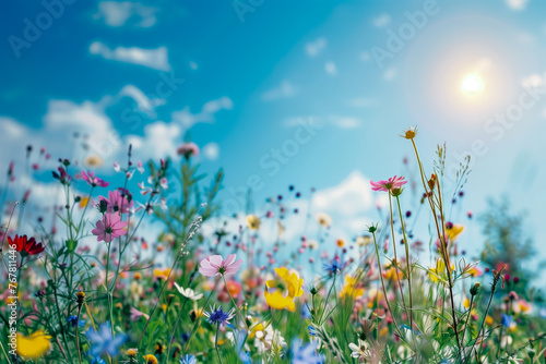 Very colorful flowers in a meadow in the spring, on a blue sky, sun and a few clouds © Petruta