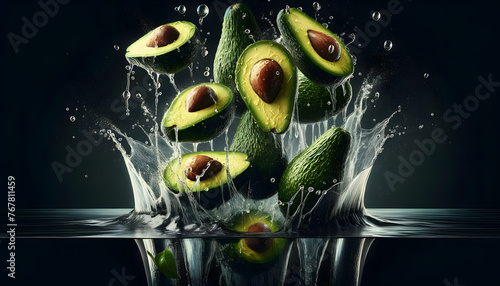 A vivid, dynamic scene featuring a bunch of ripe avocados with water droplets captured mid-air as they fall into a deep black water tank. The avocados vary in position and angle