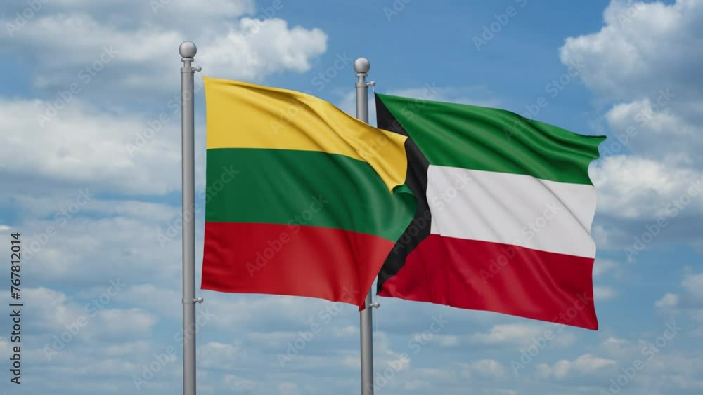 Kuwait and Lithuania two flags waving together, looped video, two country cooperation concept Kuwait and Lithuania two flags waving together, looped video, two country cooperation concept