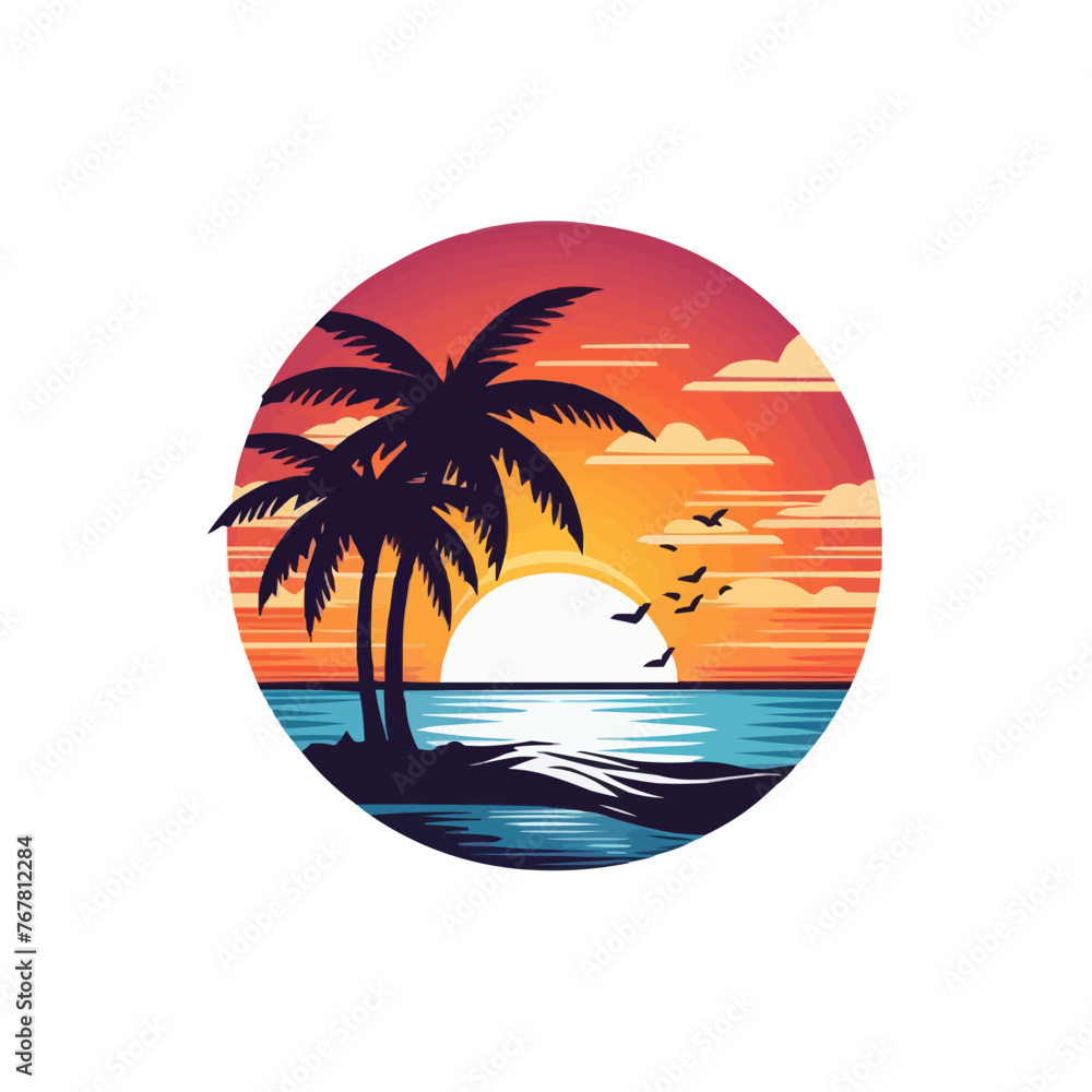 A tropical scene with a sunset and palm trees
