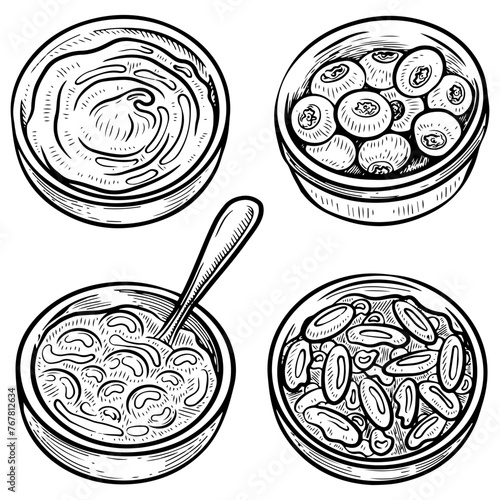 Set bowl of topping sauce jam sketch. Seasoning to improve taste. Hand drawn vector illustration.
