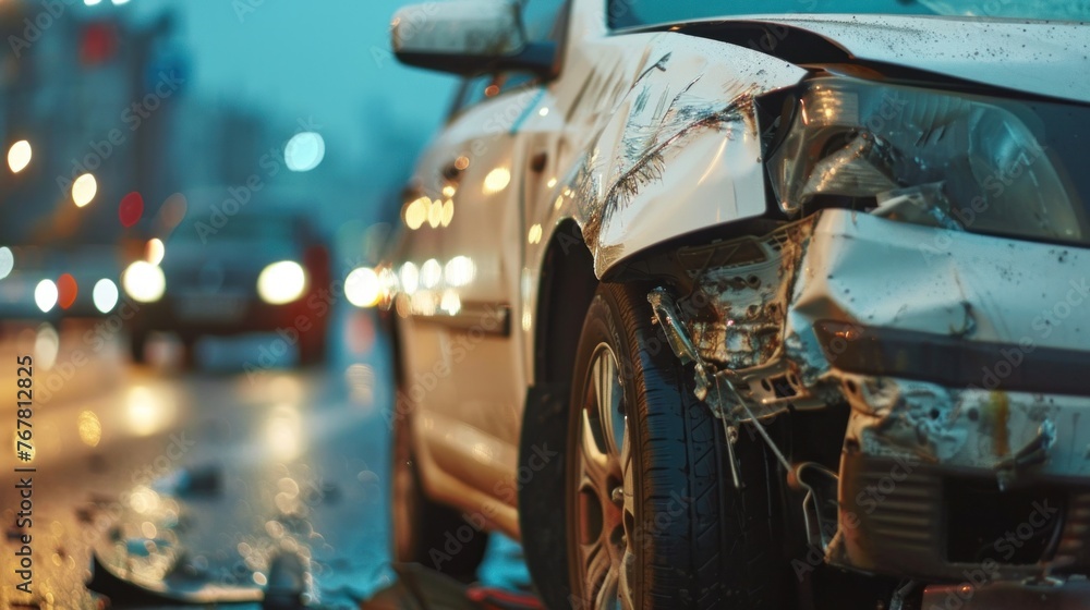 Fototapeta premium front of white car damaged by road accident, close-up,