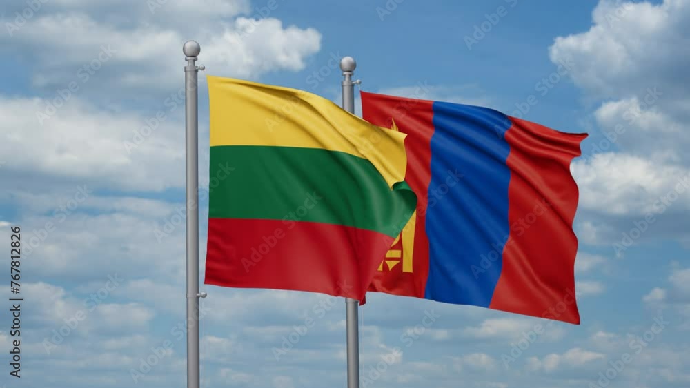 Mongolia and Lithuania two flags waving together, looped video, two country cooperation concept Mongolia and Lithuania two flags waving together, looped video, two country cooperation concept
