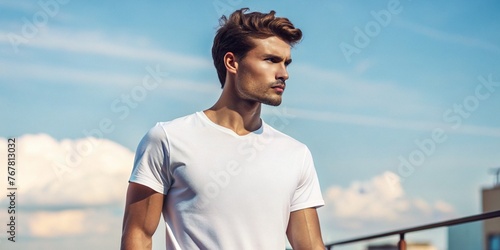 Young Model Shirt Mockup, Boy wearing white t-shirt on street in daylight, Shirt Mockup Template on hipster adult for design print, Male guy wearing casual t-shirt mockup placement, generative ai 