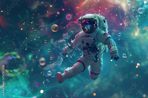A digital art piece shows an astronaut floating in space, surrounded by colorful bubbles and swirling cosmic dust, creating a dreamy atmosphere