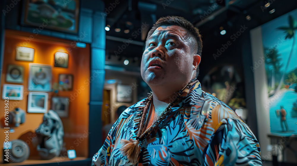 A Pacific Islander man with Down syndrome expressing curiosity and interest while exploring a museum. Learning Disability