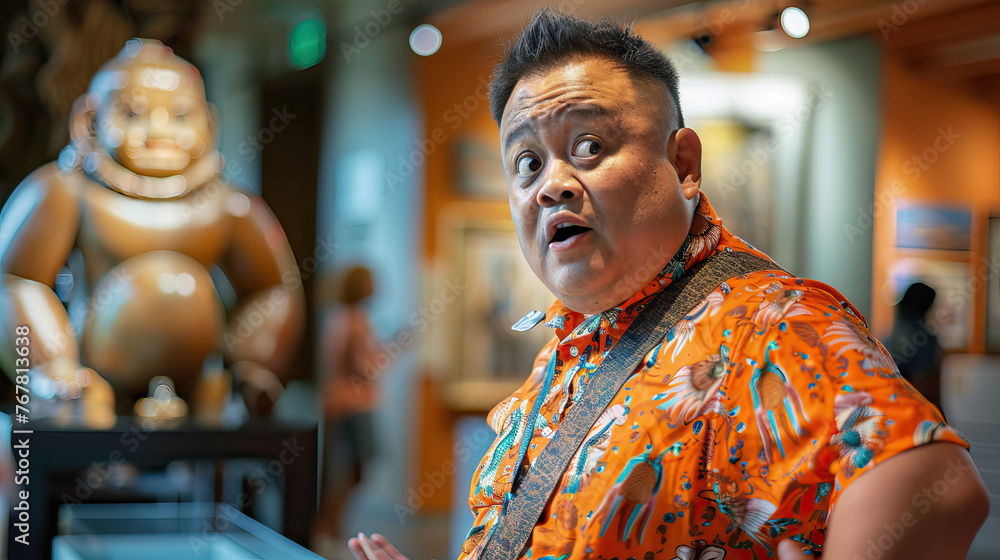 A Pacific Islander man with Down syndrome expressing curiosity and interest while exploring a museum. Learning Disability A Pacific Islander man with Down syndrome expressing curiosity and interest while exploring a museum. Learning Disability