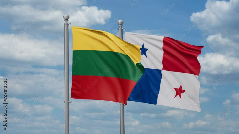 Panama and Lithuania two flags waving together, looped video, two country relations concept Panama and Lithuania two flags waving together, looped video, two country relations concept