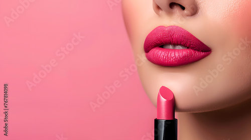 Closeup Woman is applying her lips with pink lipstick
