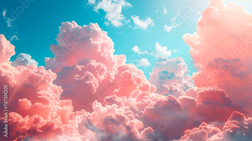 una cautivadora imagen de fondo con un romántico cielo azul adornado con suaves y esponjosas nubes rosas. photo