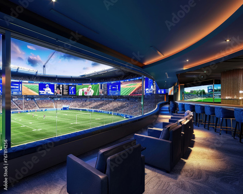 mart stadium VIP section, luxury and tech blend, Luxury Sports Lounge with Multiple Screens and Seating.
