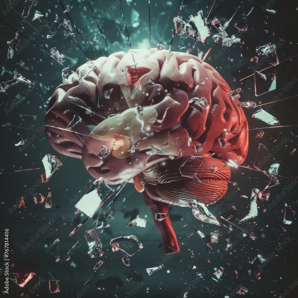 An impactful image of a human brain with an explosion of shattering glass pieces around it, suggesting a moment of breakthrough or intense cognitive disruption. An impactful image of a human brain with an explosion of shattering glass pieces around it, suggesting a moment of breakthrough or intense cognitive disruption.