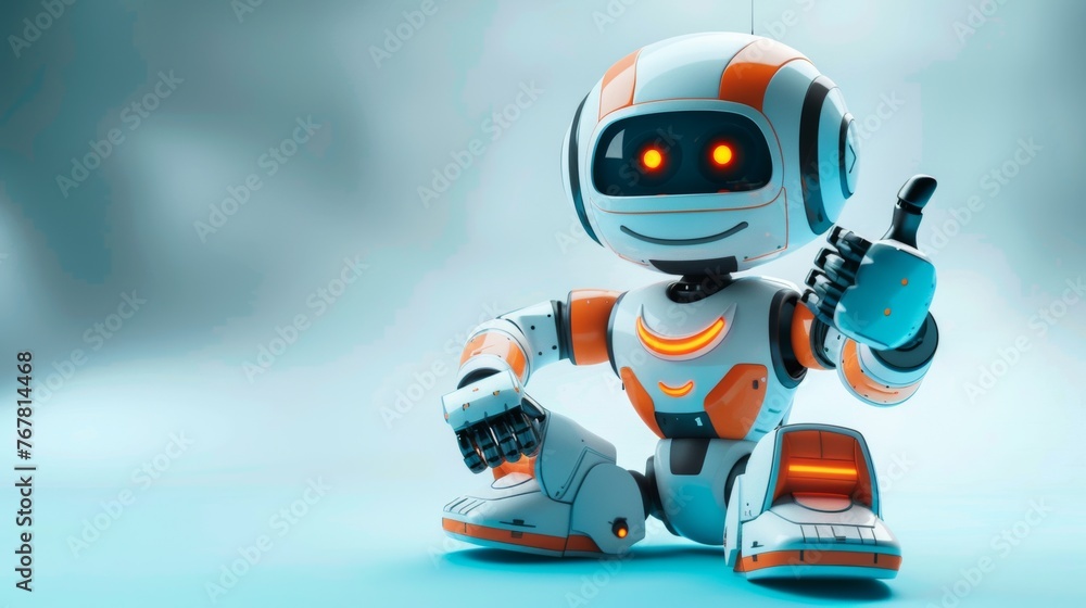 Fototapeta premium Friendly robot giving thumbs up, blue background.