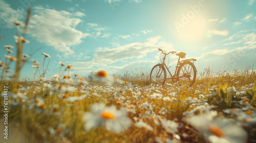Landscape with a bicycle on a flowering meadow.