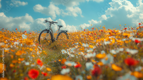 Landscape with a bicycle on a flowering meadow.