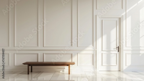 Hall with bench against wooden 3d paneling wall.