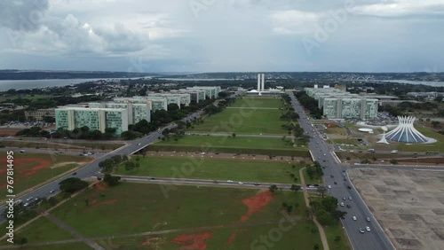 Brasilia, Brazil - March 10, 2023: Aerial view of Eixo Monumental  - Brasilia, Distrito Federal, Brazil